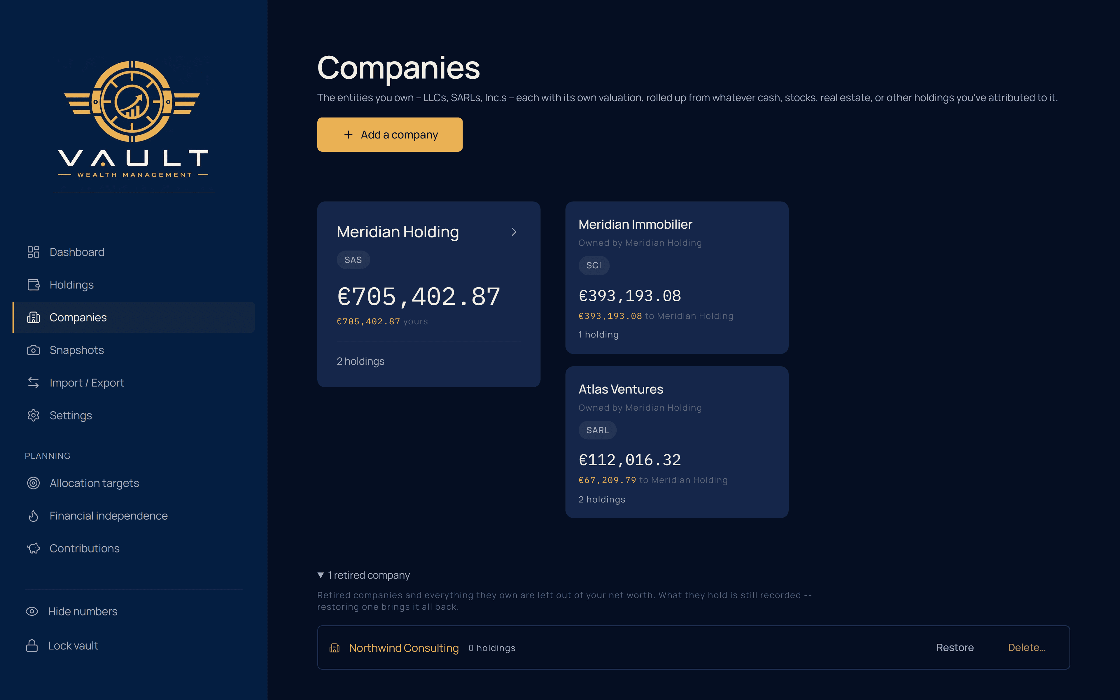 The Companies screen listing companies with their ownership percentage and the value of what each holds.