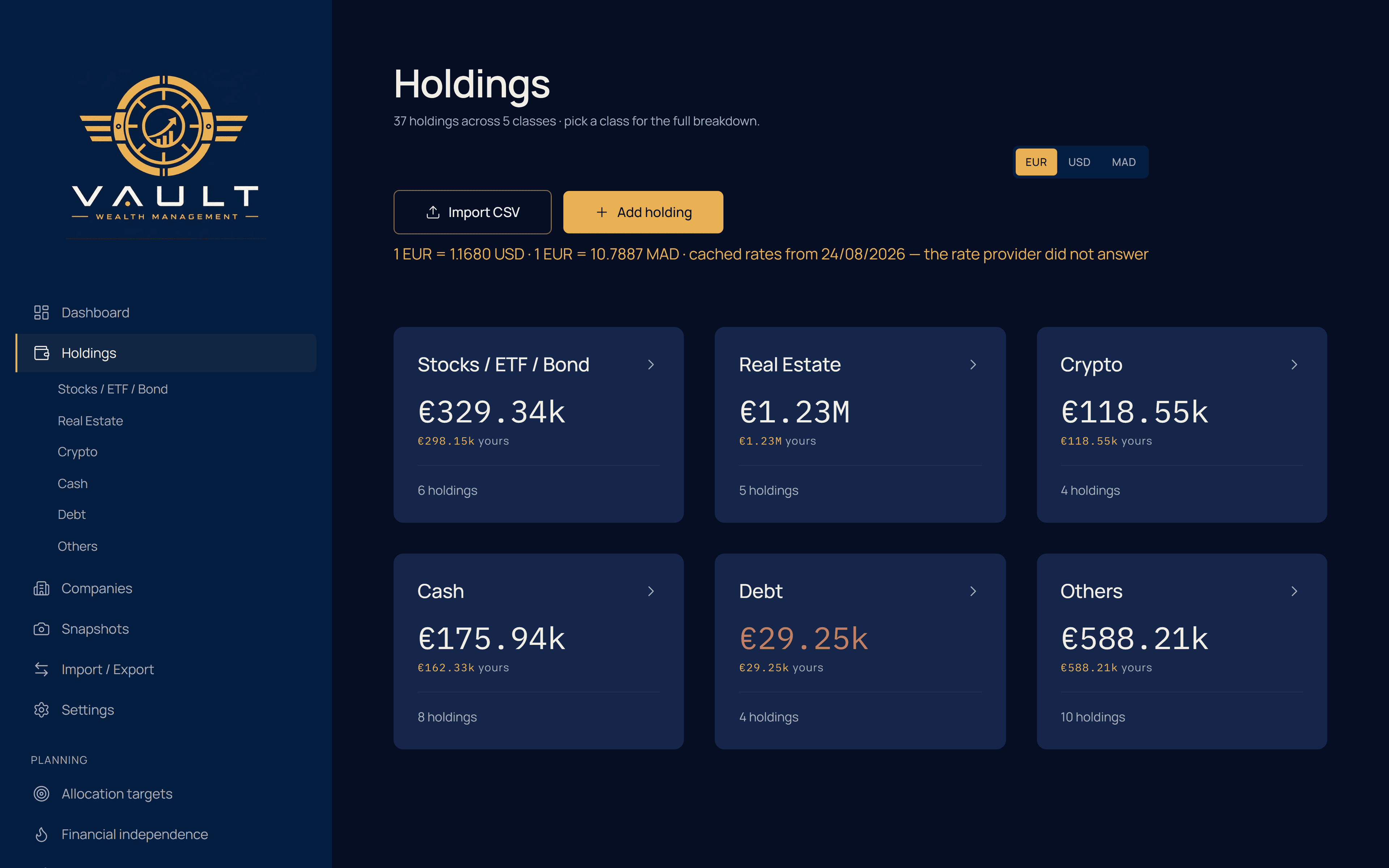 The Holdings screen showing asset-class tiles for stocks, real estate, crypto, cash and debt, and others, each with its own total and share.