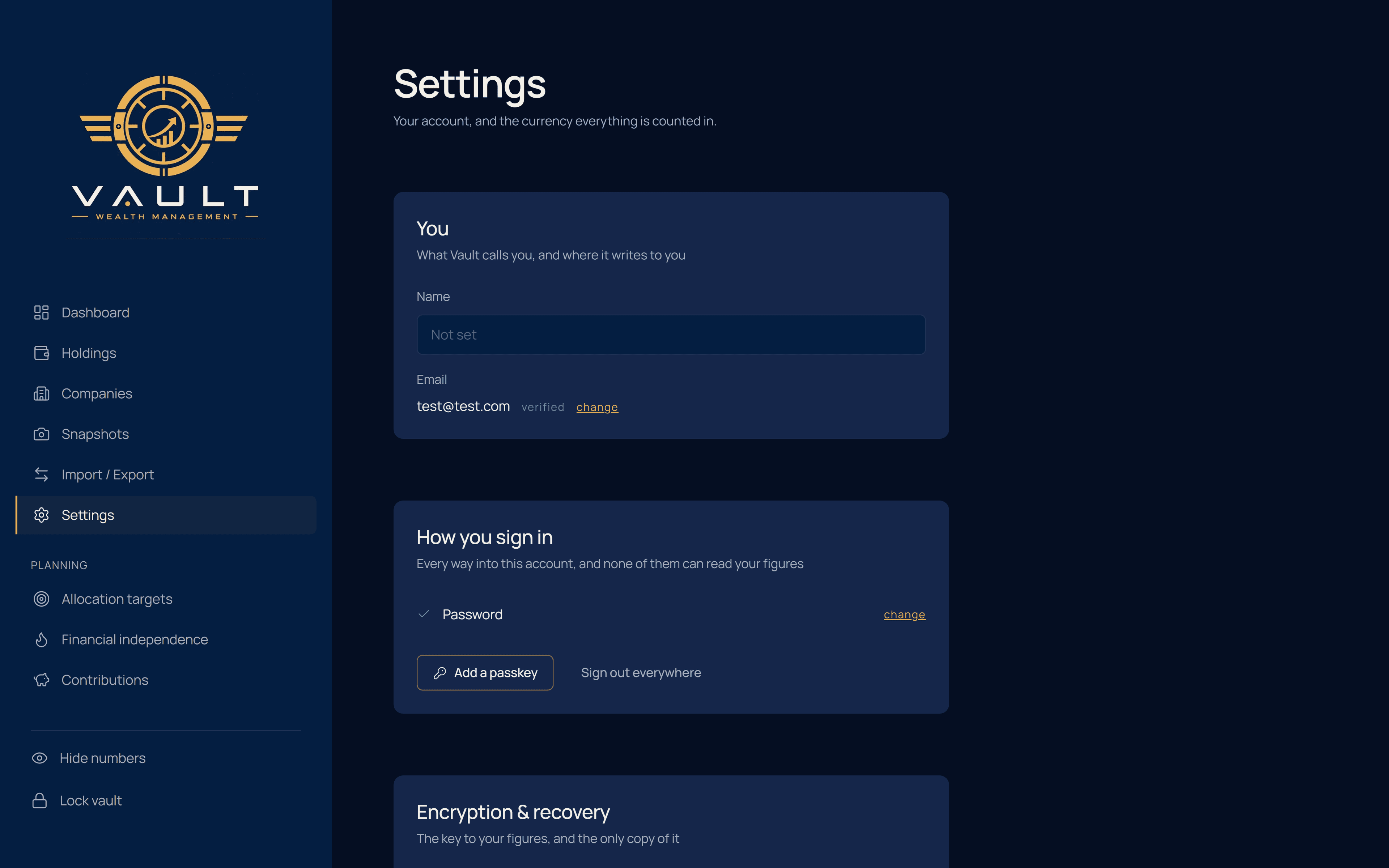 The Settings screen showing account, sign-in methods, encryption and recovery, and a danger zone.